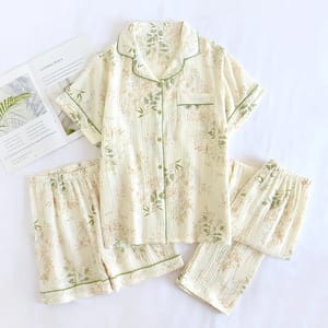 Breathable Cotton Three-Piece Home Set with Floral Design