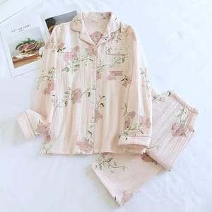 Cotton Crepe Two-Piece Floral Sleepwear Set for Home Comfort