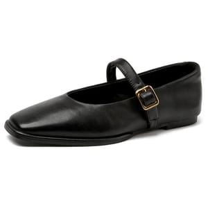 Square Toe Leather Ballet Flats with Buckle Strap Comfort