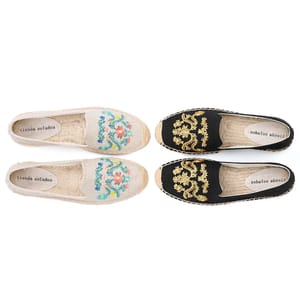 Embroidered Hemp Espadrille Flats with Floral Stitch Detailing