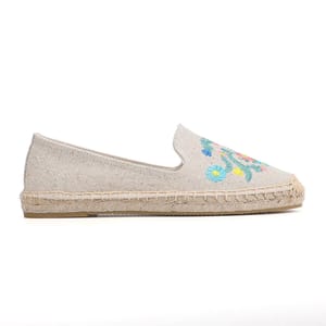 Embroidered Hemp Espadrille Flats with Floral Stitch Detailing