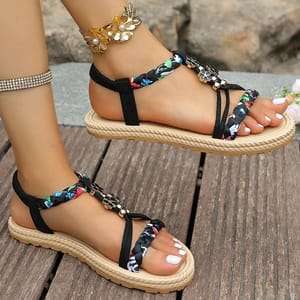 Bohemian Floral Beaded Sandals with Flat Non-Slip Soles Rimocy - Women's Flat Sandals 1
