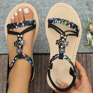 Bohemian Floral Beaded Sandals with Flat Non-Slip Soles Rimocy - Women's Flat Sandals 3
