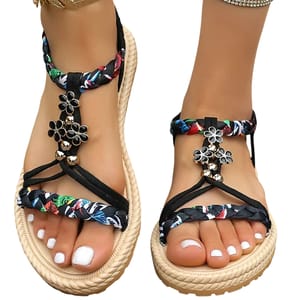 Bohemian Floral Beaded Sandals with Flat Non-Slip Soles
