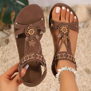 Bohemian Cross Strap Flat Sandals with Floral Detail