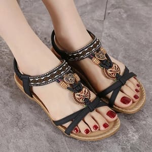 Bohemian Beaded T-Strap Sandals with Low Wedge Comfort Bohemian Beaded T-Strap Sandals with Low Wedge Comfort