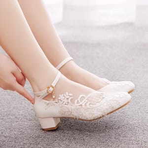 Elegant Lace Low Heel Pumps with Ankle Buckle Strap