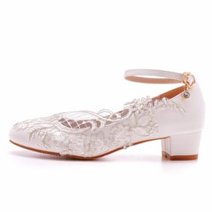 Elegant Lace Low Heel Pumps with Ankle Buckle Strap