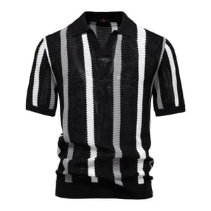 Stylish Men’s Ribbed Knit Polo Shirt with Striped Design
