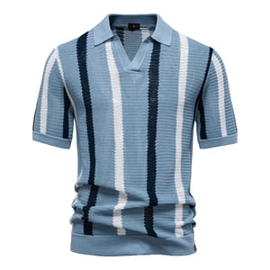 Stylish Men’s Ribbed Knit Polo Shirt with Striped Design