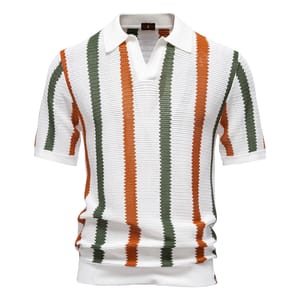 Stylish Men’s Ribbed Knit Polo Shirt with Striped Design