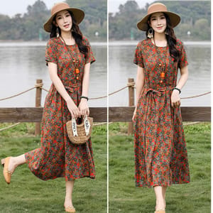 Vintage Bohemian Floral Print Maxi Dress with Waist Sash Vintage Bohemian Floral Print Maxi Dress with Waist Sash