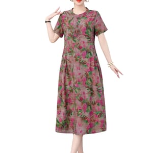 Vintage Summer Print Dress with O-Neck and Short Sleeves