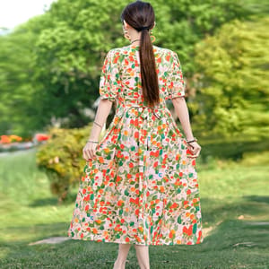 Vintage Summer Print Dress with O-Neck and Waist Sash