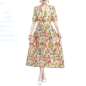 Vintage Summer Print Dress with O-Neck and Waist Sash