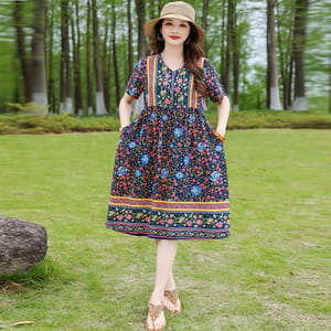 Vintage Floral Print Summer Dress with O-Neck and Short Sleeves Vintage Floral Print Summer Dress with O-Neck and Short Sleeves