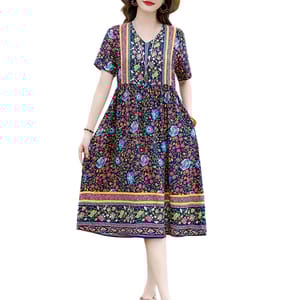 Vintage Floral Print Summer Dress with O-Neck and Short Sleeves