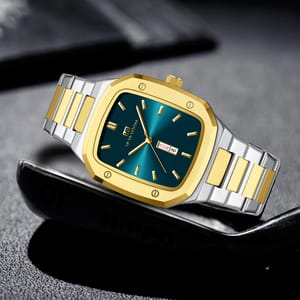 Modern Square Quartz Watch with Calendar and Steel Strap