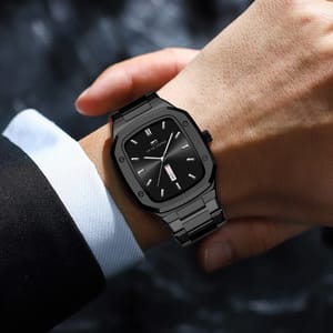 Modern Square Quartz Watch with Calendar and Steel Strap