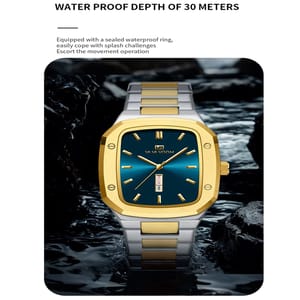 Modern Square Quartz Watch with Calendar and Steel Strap