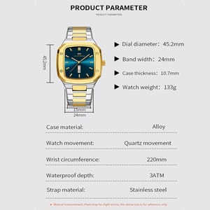 Modern Square Quartz Watch with Calendar and Steel Strap