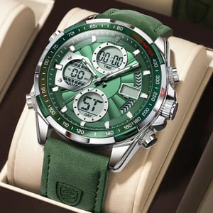 POEDAGAR Modern Dual Display Men’s Watch with LED Light and Multi-Function Design