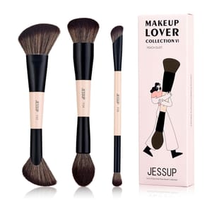 Jessup Double-Ended Face Makeup Brush Set for Contour, Blush, Highlight