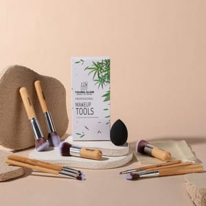 Young Glam 11-Piece Bamboo Synthetic Kabuki Makeup Brush Set with Bag