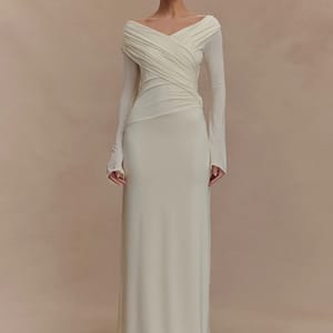 Elegant V-Neck Long Sleeve Ruched Floor-Length Bodycon Dress Mozision - Women's Maxi Dresses
