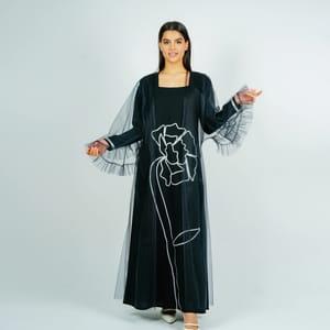 Jalabia With Silver Talli Embroidery & Sheer Tulle Jacket Delicate Ruffle Sleeves