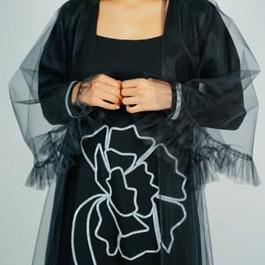 Jalabia With Silver Talli Embroidery & Sheer Tulle Jacket Delicate Ruffle Sleeves Rosette Abaya - Women's Jalabiyas 1