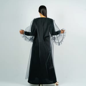 Jalabia With Silver Talli Embroidery & Sheer Tulle Jacket Delicate Ruffle Sleeves Rosette Abaya - Women's Jalabiyas 2