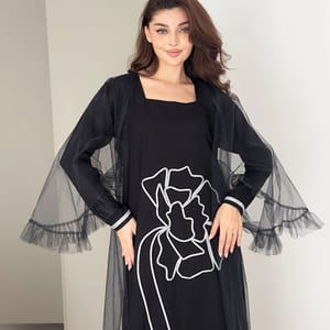 Jalabia With Silver Talli Embroidery & Sheer Tulle Jacket Delicate Ruffle Sleeves Rosette Abaya - Women's Jalabiyas 3