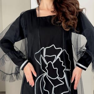 Jalabia With Silver Talli Embroidery & Sheer Tulle Jacket Delicate Ruffle Sleeves Rosette Abaya - Women's Jalabiyas 4