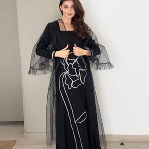 Jalabia With Silver Talli Embroidery & Sheer Tulle Jacket Delicate Ruffle Sleeves Rosette Abaya - Women's Jalabiyas 5
