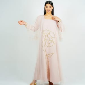 Jalabia With Golden Talli Embroidery & Sheer Tulle Jacket Delicate Ruffle Sleeves
