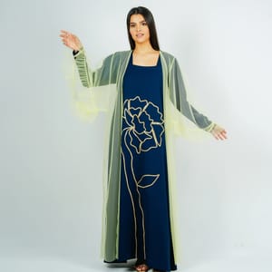 Navy-Yellow Jalabiya With A Luxurious Sheer Tulle Jacket And Delicate Ruffled Sleeves