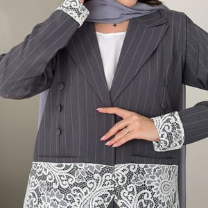 Stylish Embellished Blazer With Dantel Design With Pocket And Button Style - Grey