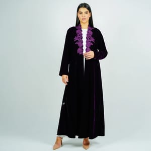 Luxurious Velvet Abaya With Embroidery On The Neckline Rosette Abaya - Women's Abayas 1