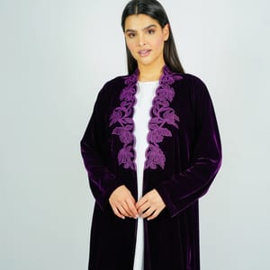 Luxurious Velvet Abaya With Embroidery On The Neckline Rosette Abaya - Women's Abayas 2
