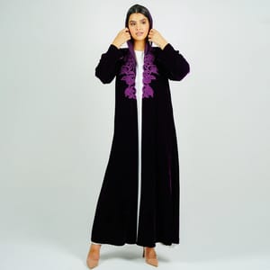 Luxurious Velvet Abaya With Embroidery On The Neckline Rosette Abaya - Women's Abayas 4