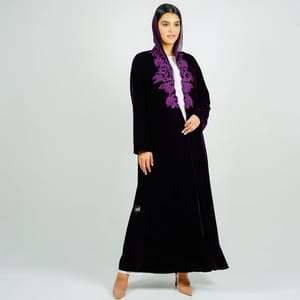 Luxurious Velvet Abaya With Embroidery On The Neckline Rosette Abaya - Women's Abayas 5