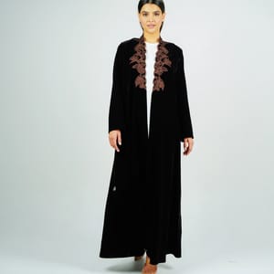 Luxurious Velvet Brown Abaya With Embroidery On The Neckline