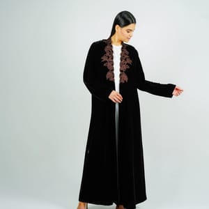 Luxurious Velvet Brown Abaya With Embroidery On The Neckline Rosette Abaya - Women's Abayas 1