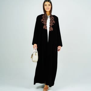 Luxurious Velvet Brown Abaya With Embroidery On The Neckline Rosette Abaya - Women's Abayas 4