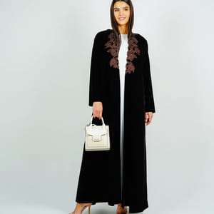 Luxurious Velvet Brown Abaya With Embroidery On The Neckline Rosette Abaya - Women's Abayas 5