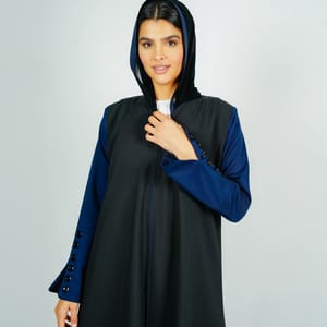 Stylish Black Abaya With Navy Sleeves Button Style + Matching Shella Rosette Abaya - Women's Abayas 1