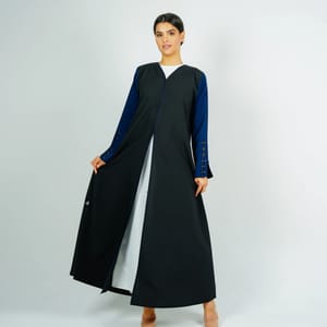 Stylish Black Abaya With Navy Sleeves Button Style + Matching Shella Rosette Abaya - Women's Abayas 3