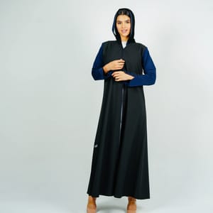 Stylish Black Abaya With Navy Sleeves Button Style + Matching Shella Rosette Abaya - Women's Abayas 4