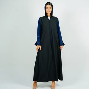 Stylish Black Abaya With Navy Sleeves Button Style + Matching Shella Rosette Abaya - Women's Abayas 5
